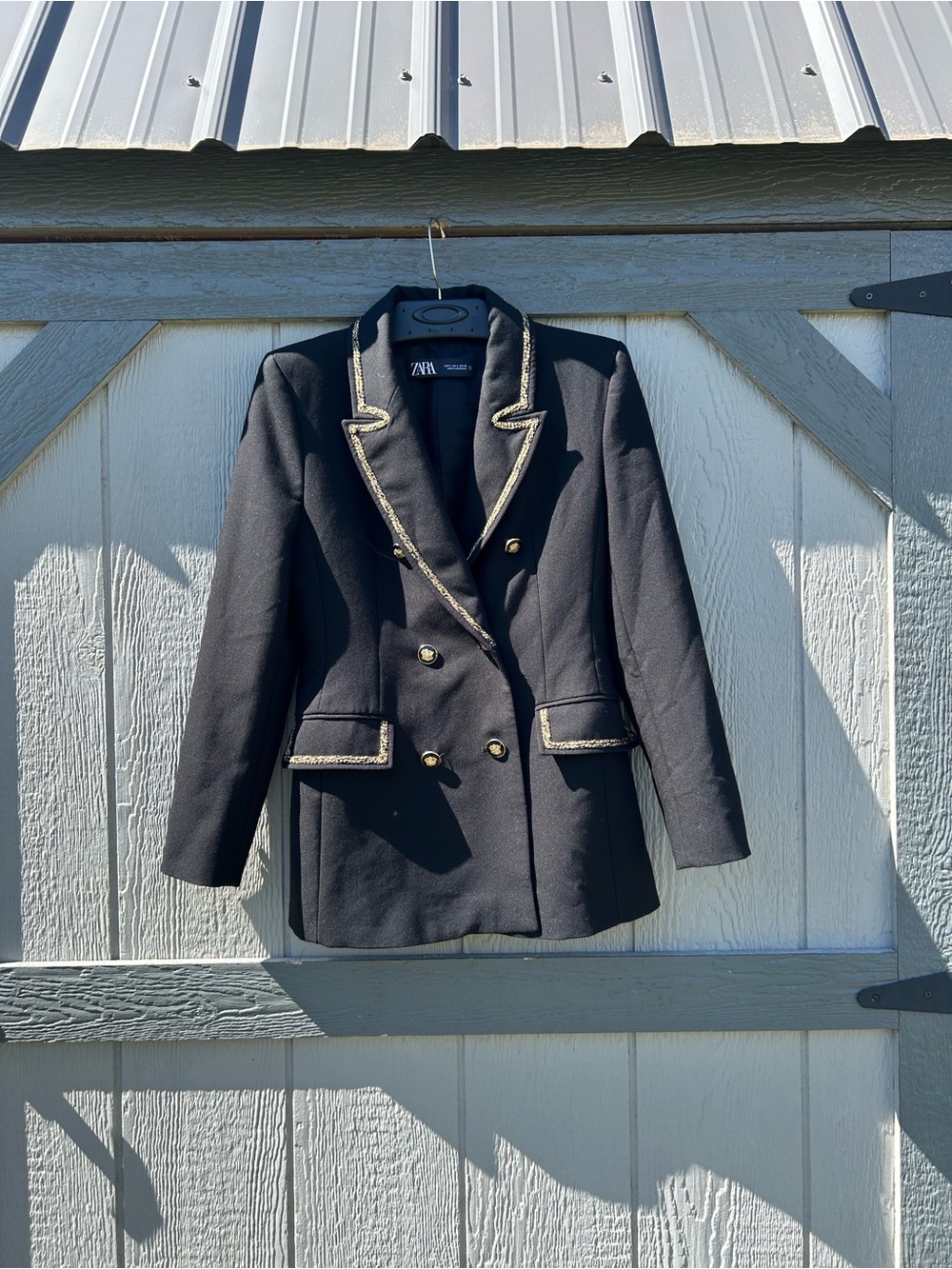 Zara Black Double-Breasted Blazer with Gold Trim Detail Tailored Chic Jacket